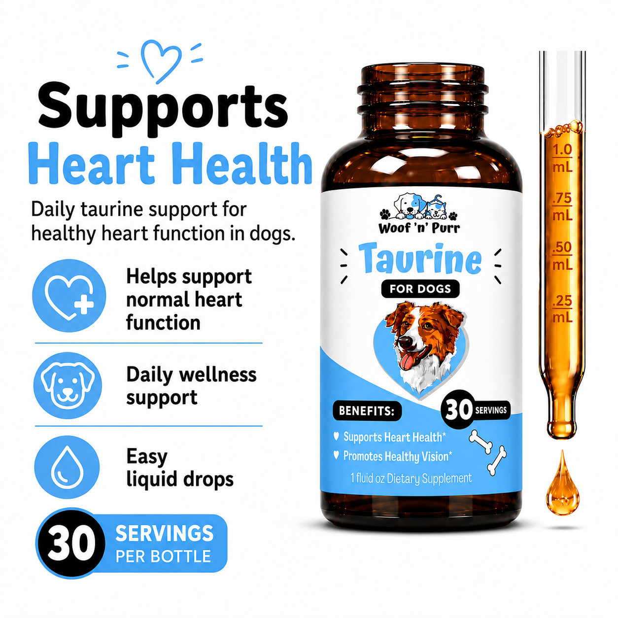 Taurine for Dogs – Dog Taurine Supplement for Heart Health, Vision Support & Overall Wellness, 30 Servings