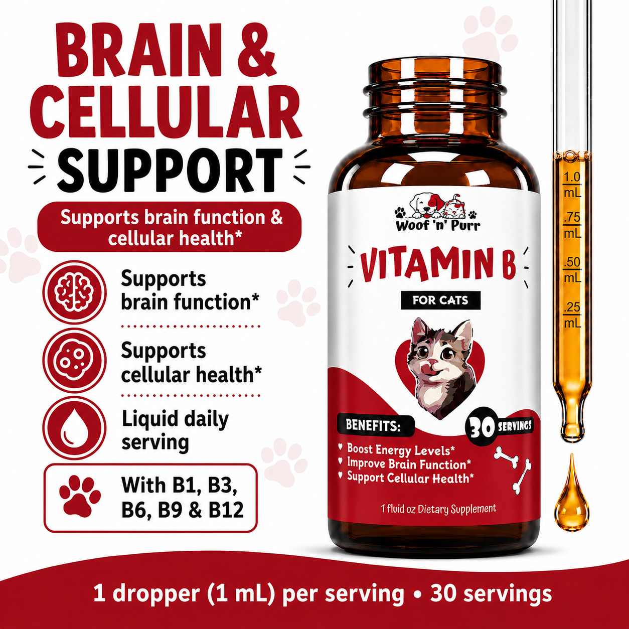 Vitamin B for Cats – B Complex Cat Supplement for Energy, Brain Function & Cellular Health, 30 Servings