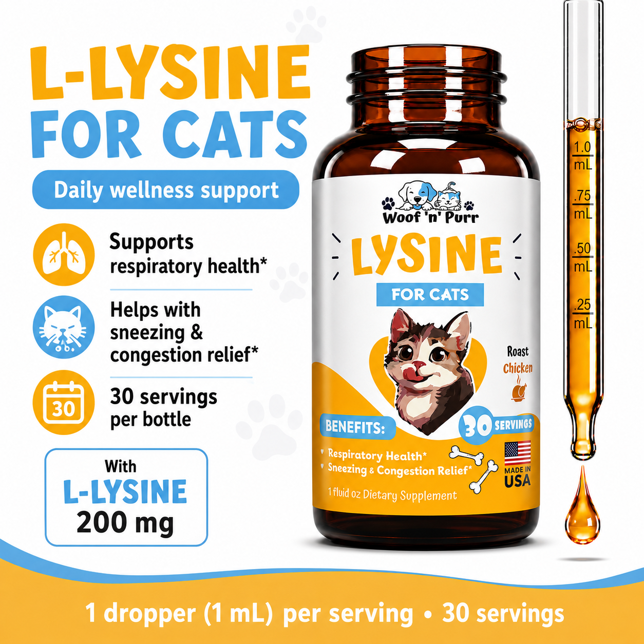 Lysine for Cats – Respiratory Health, Sneezing & Congestion Support, Immune Support, 30 Servings