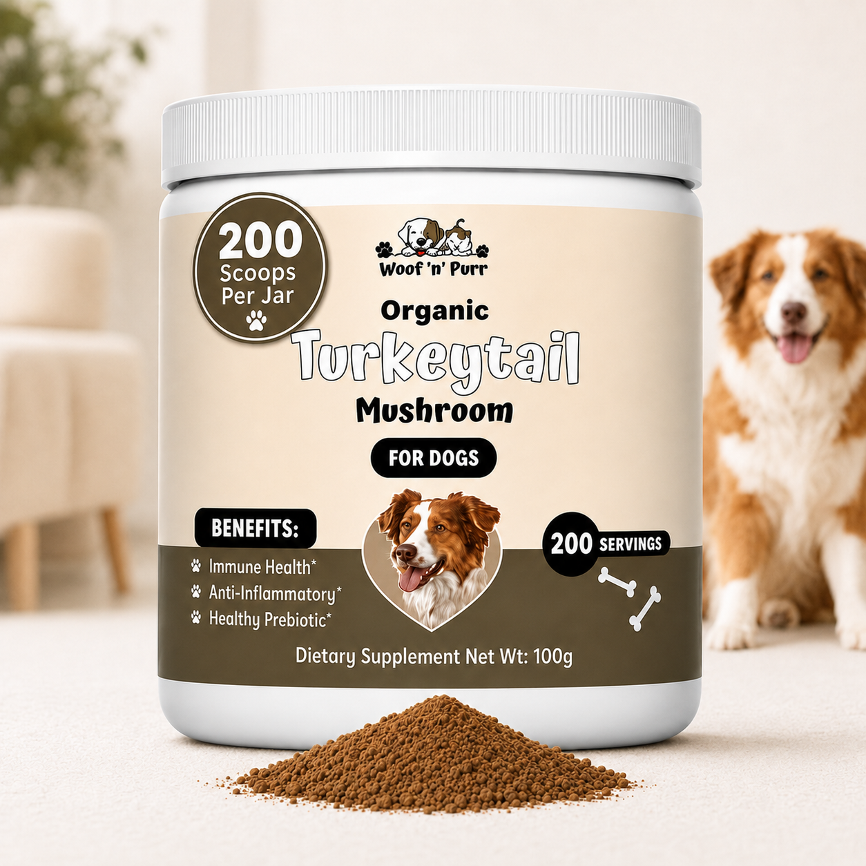 Turkey Tail Mushroom for Dogs – Organic Immune Support | 200 Servings | Woof 'n' Purr