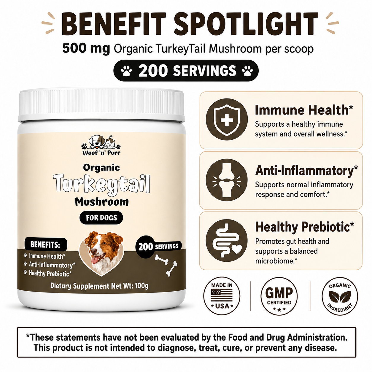 Turkey Tail Mushroom for Dogs – Organic Immune Support | 200 Servings | Woof 'n' Purr