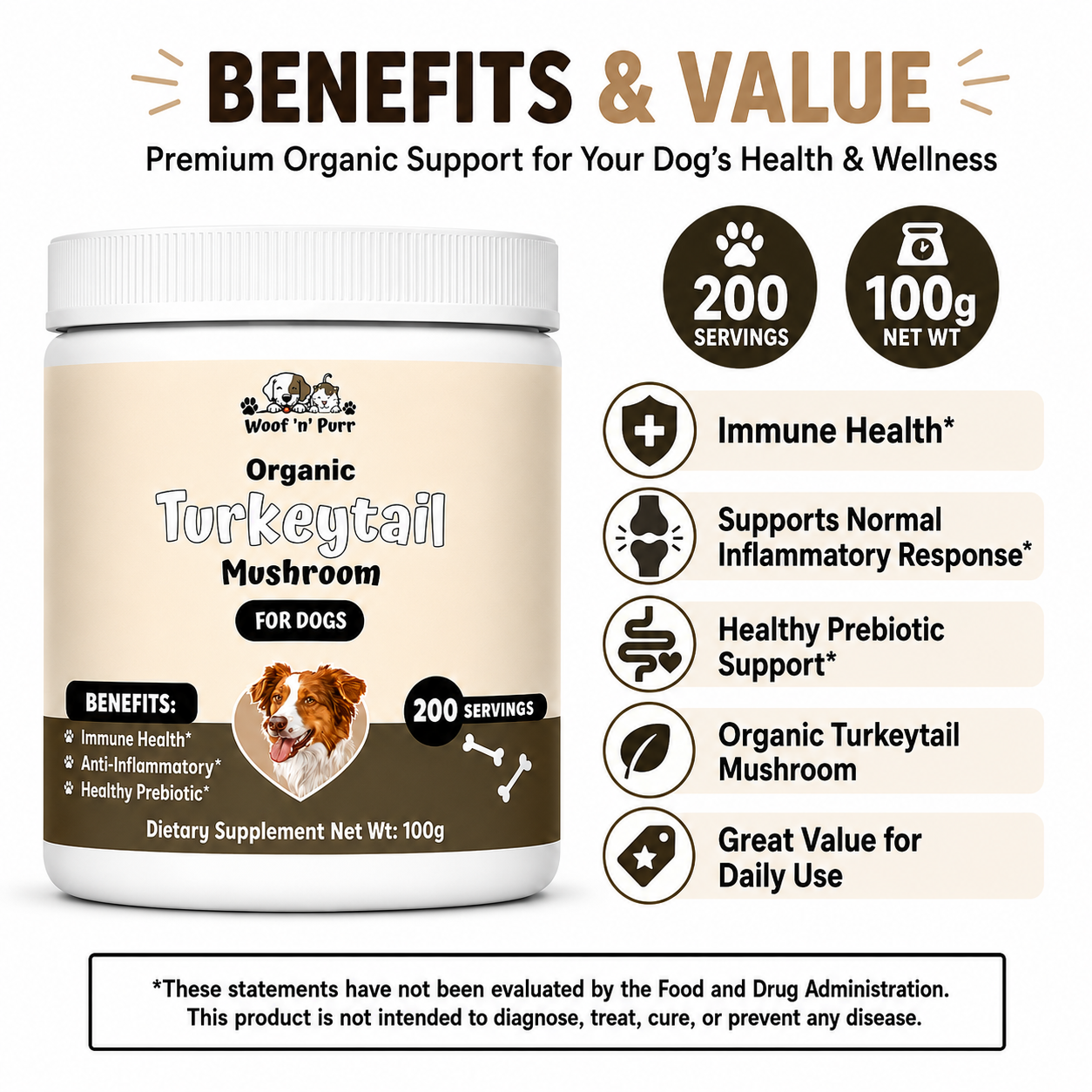 Turkey Tail Mushroom for Dogs – Organic Immune Support | 200 Servings | Woof 'n' Purr