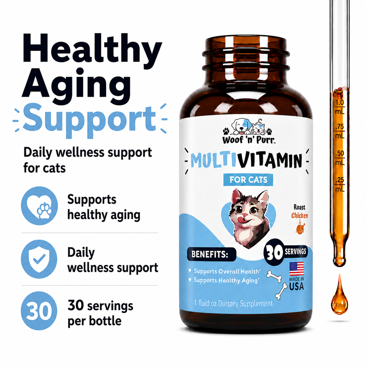Multivitamin for Cats – Cat Daily Supplement for Overall Health, Healthy Aging & Wellness Support, 30 Servings